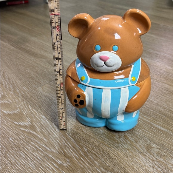 Vintage Teddy Bear Blue Striped Overalls Ceramic Cookie Jar Cottage Core - Picture 3 of 10